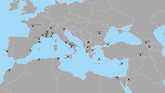 Carte de localisation des sites d'observation constitutifs de l'Atlas des cultures sismiques anciennes dans l’espace méditerranéen